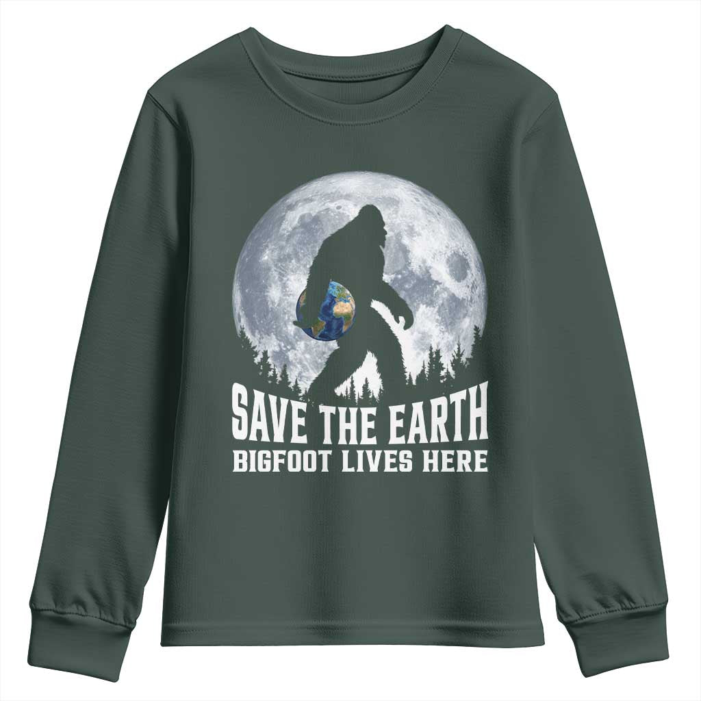 Save Our Planet Nature Lover Youth Sweatshirt Bigfoot Lives Here TS12 Dark Forest Green Print Your Wear