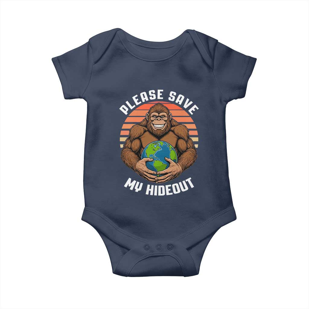 Funny Earth Day Bigfoot Baby Onesie Please Save My Hideout TS12 Navy Print Your Wear