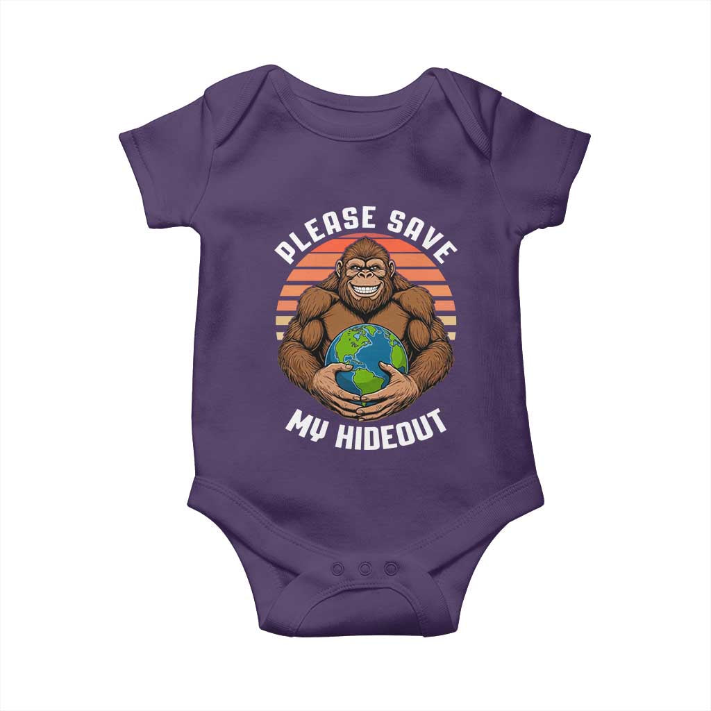 Funny Earth Day Bigfoot Baby Onesie Please Save My Hideout TS12 Purple Print Your Wear