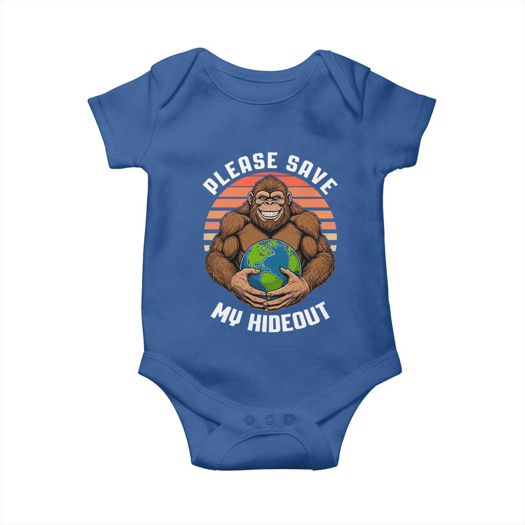 Funny Earth Day Bigfoot Baby Onesie Please Save My Hideout TS12 Royal Blue Print Your Wear