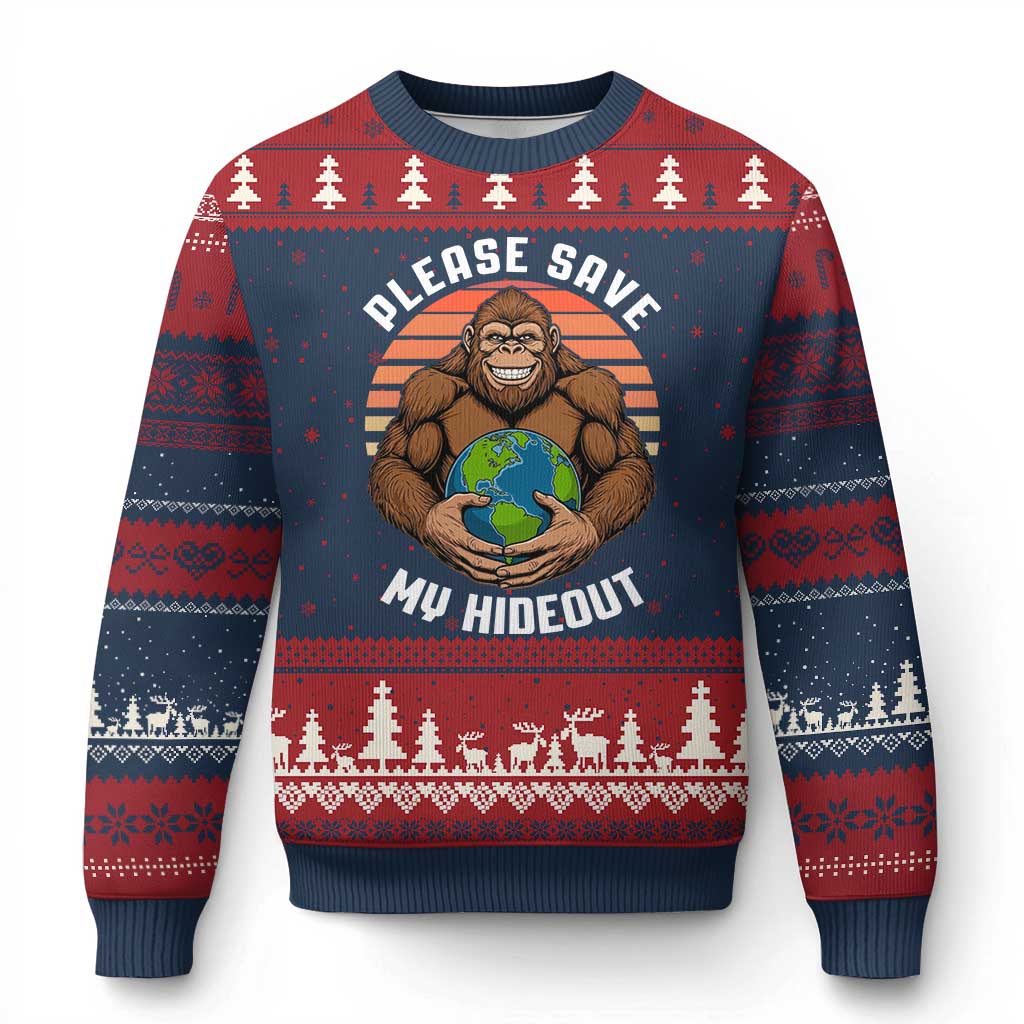 Funny Earth Day Bigfoot Ugly Christmas Sweater Please Save My Hideout TS12 Navy Red Print Your Wear
