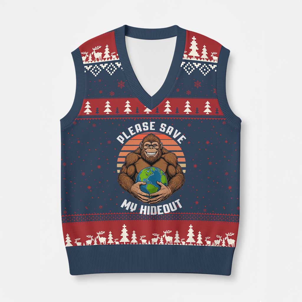 Funny Earth Day Bigfoot V-Neck Knit Sweater Vest Please Save My Hideout TS12 Navy Red Print Your Wear