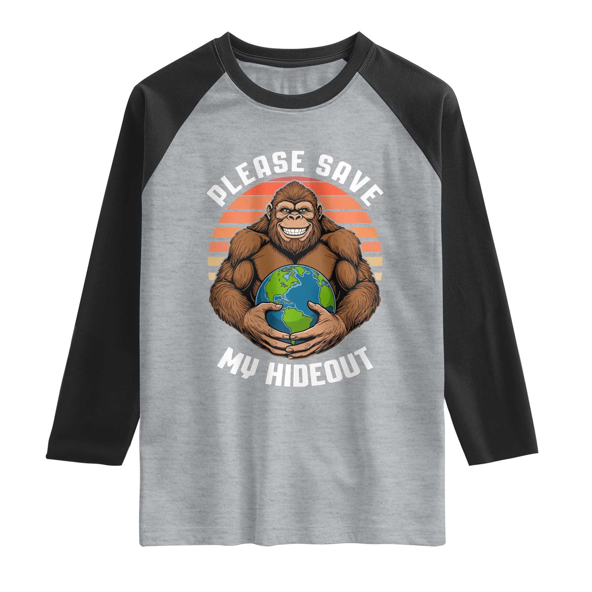 Funny Earth Day Bigfoot Raglan Shirt Please Save My Hideout TS12 Heather Gray Black Print Your Wear