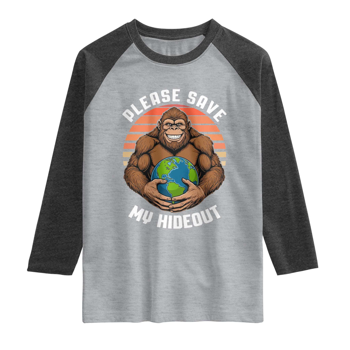 Funny Earth Day Bigfoot Raglan Shirt Please Save My Hideout TS12 Heather Gray Heather Charcoal Print Your Wear
