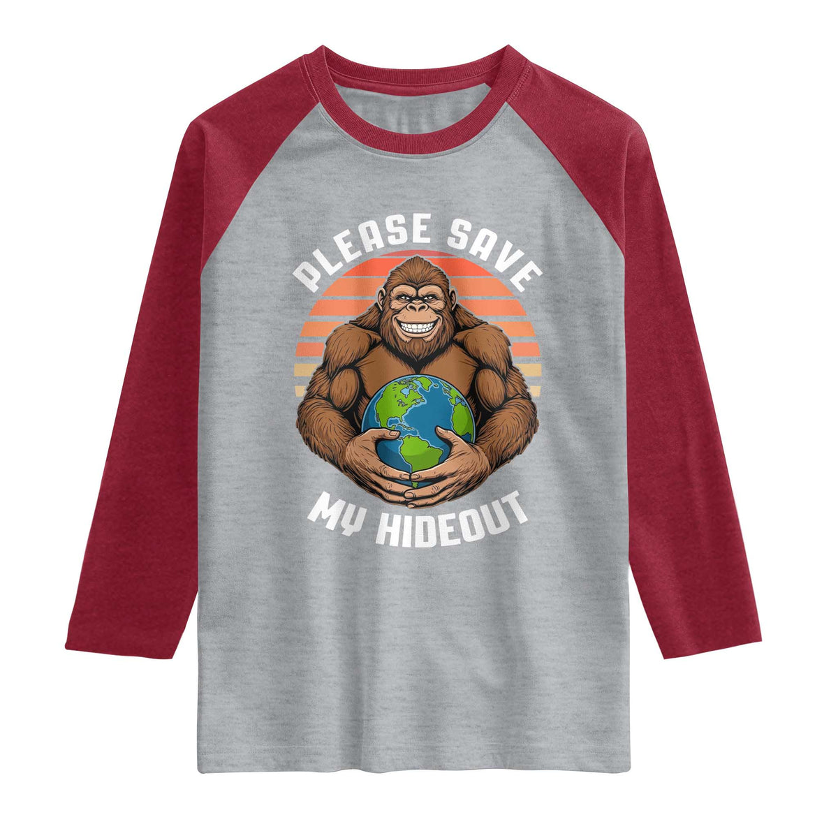 Funny Earth Day Bigfoot Raglan Shirt Please Save My Hideout TS12 Heather Gray Heather Red Print Your Wear