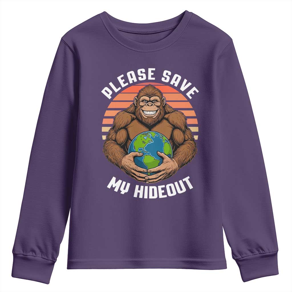 Funny Earth Day Bigfoot Youth Sweatshirt Please Save My Hideout TS12 Purple Print Your Wear