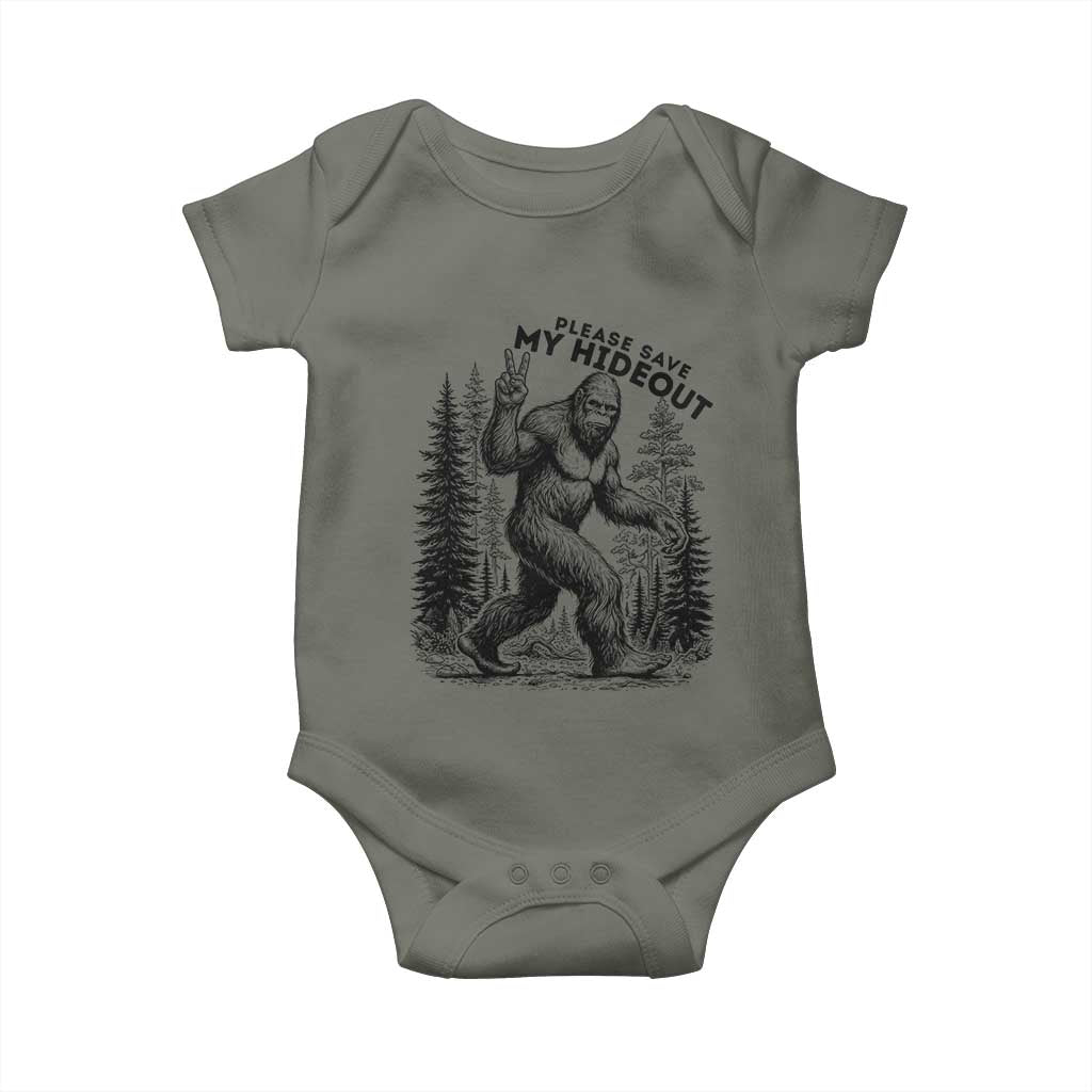 Please Save My Hideout Baby Onesie Bigfoot Forest Protector TS12 Military Green Print Your Wear
