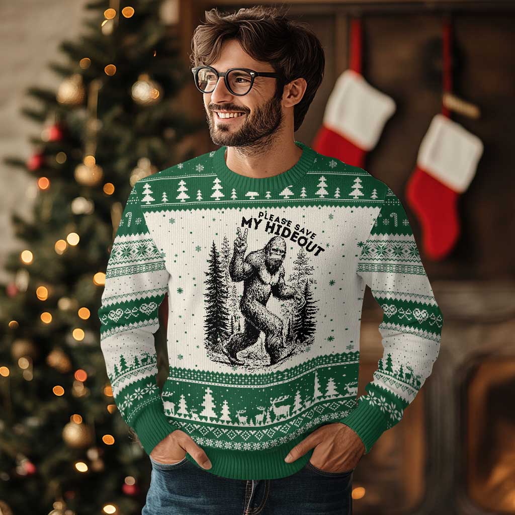 Please Save My Hideout Ugly Christmas Sweater Bigfoot Forest Protector TS12 Beige Green Print Your Wear