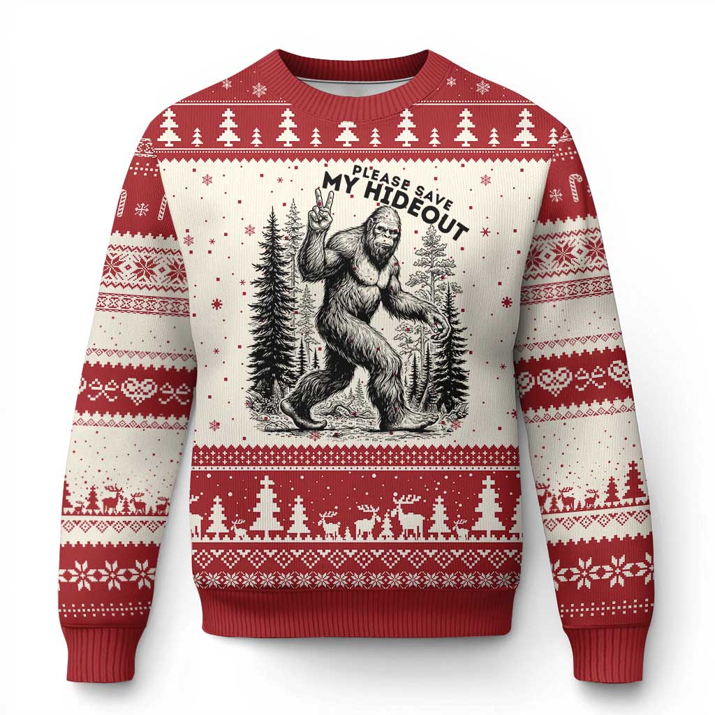 Please Save My Hideout Ugly Christmas Sweater Bigfoot Forest Protector TS12 Beige Red Print Your Wear