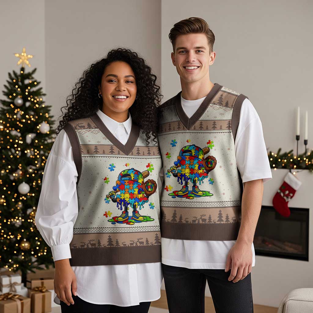 Autism Acceptance Baseball V-Neck Knit Sweater Vest Colorful Drip Graphic Neurodiversity Support TS12 Mocha Mousse Print Your Wear
