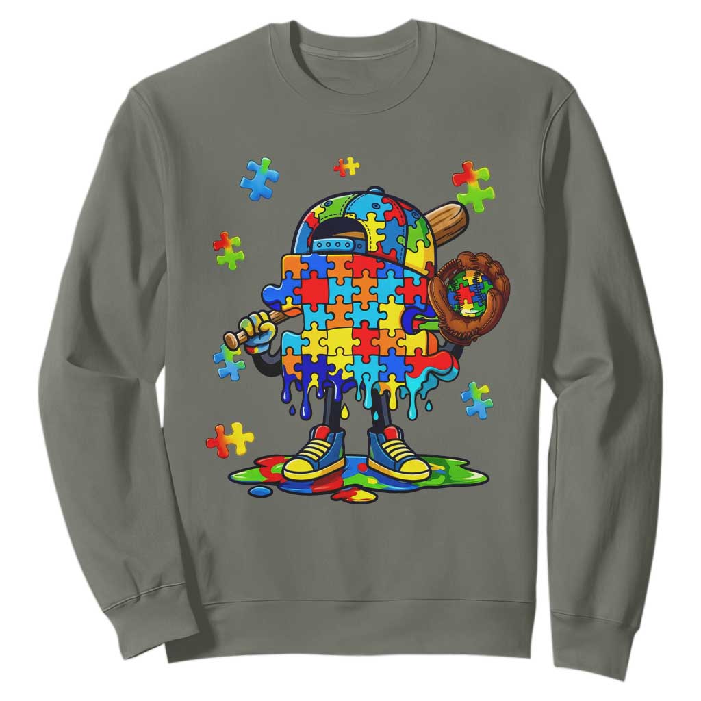 Autism Acceptance Baseball Sweatshirt Colorful Drip Graphic Neurodiversity Support TS12 Military Green Print Your Wear