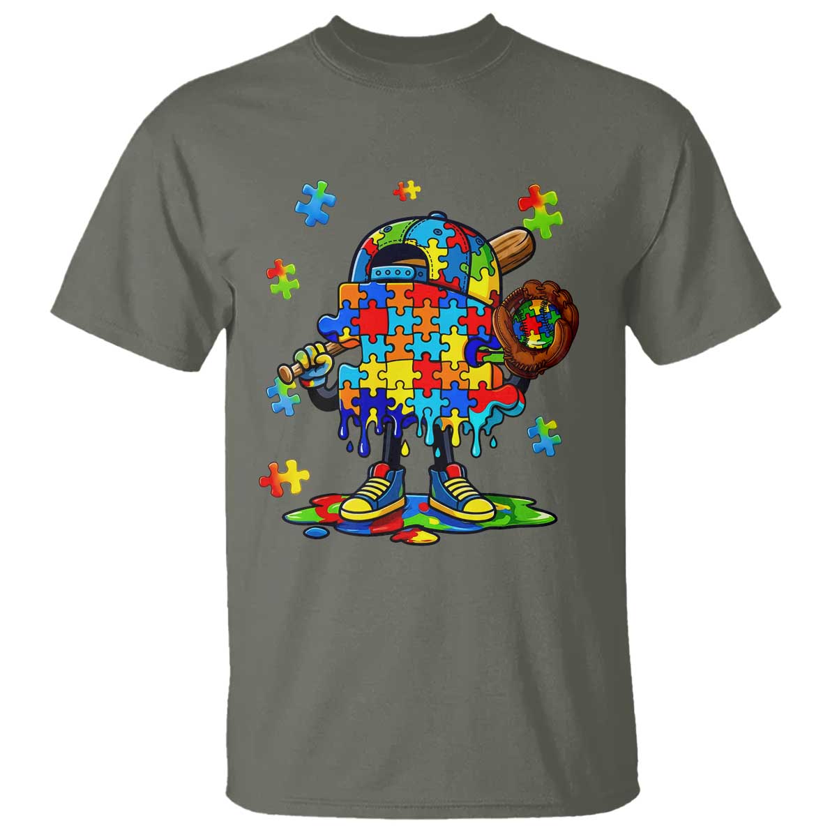 Autism Acceptance Baseball T Shirt Colorful Drip Graphic Neurodiversity Support TS12 Military Green Print Your Wear