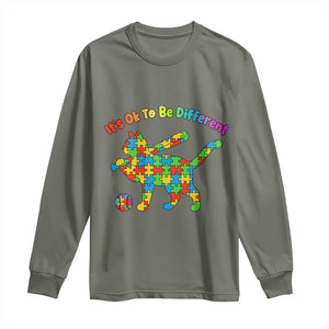 Autism Acceptance Baseball Cat Long Sleeve Shirt It Is Ok To Be Different TS12 Military Green Print Your Wear