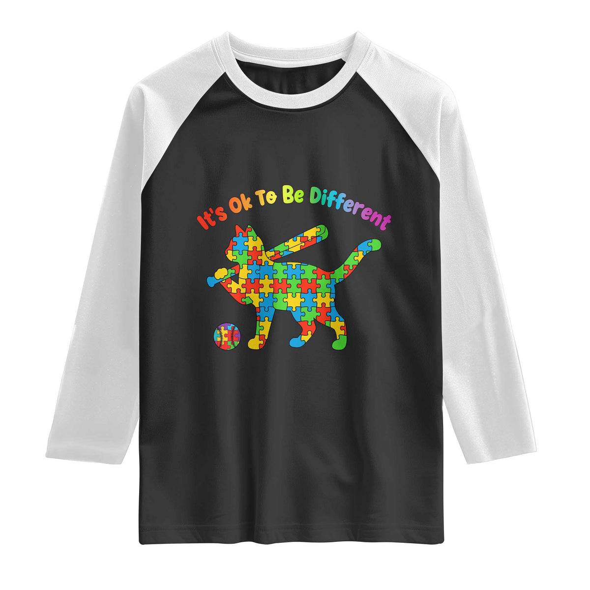 Autism Acceptance Baseball Cat Raglan Shirt It Is Ok To Be Different TS12 Black White Print Your Wear
