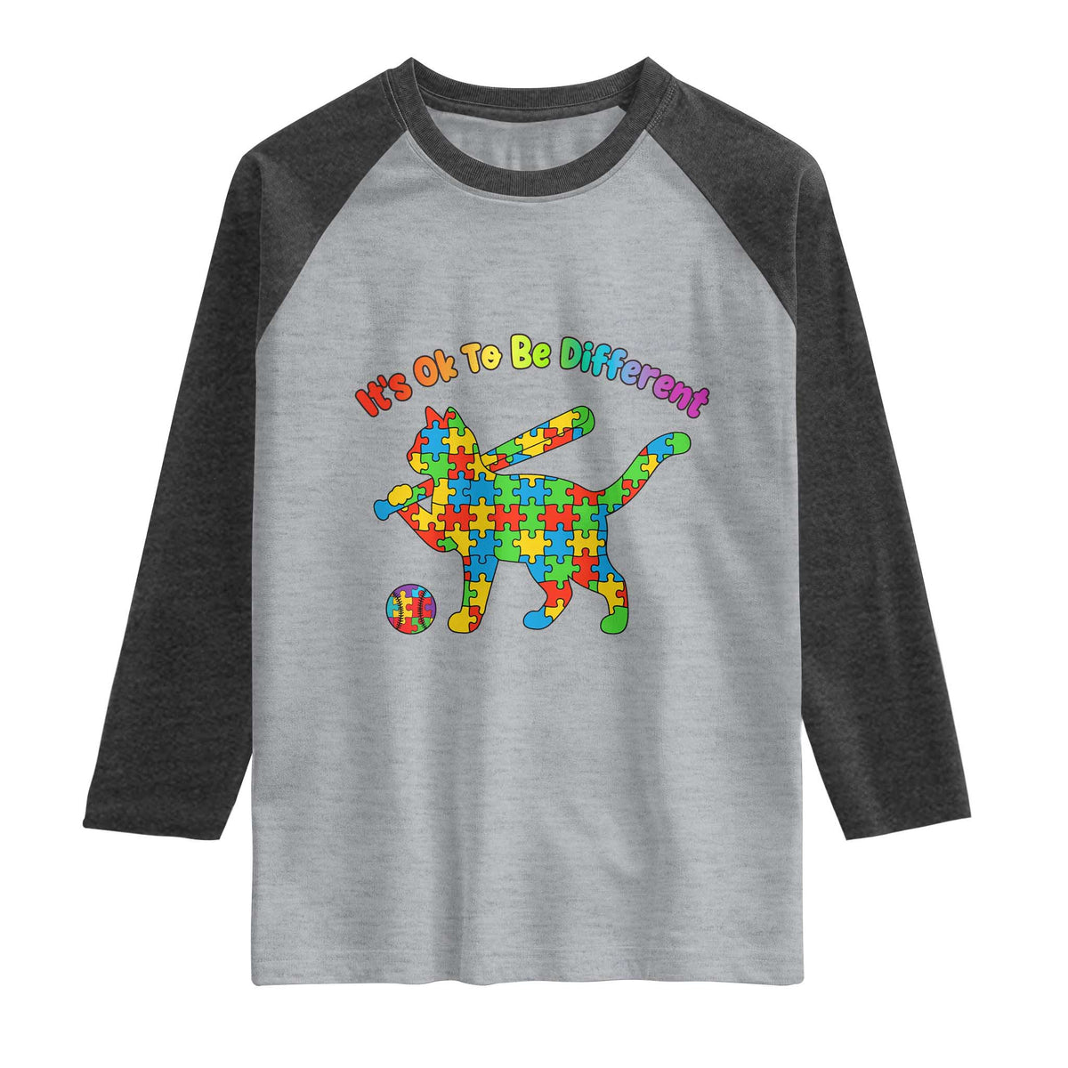 Autism Acceptance Baseball Cat Raglan Shirt It Is Ok To Be Different TS12 Heather Gray Heather Charcoal Print Your Wear