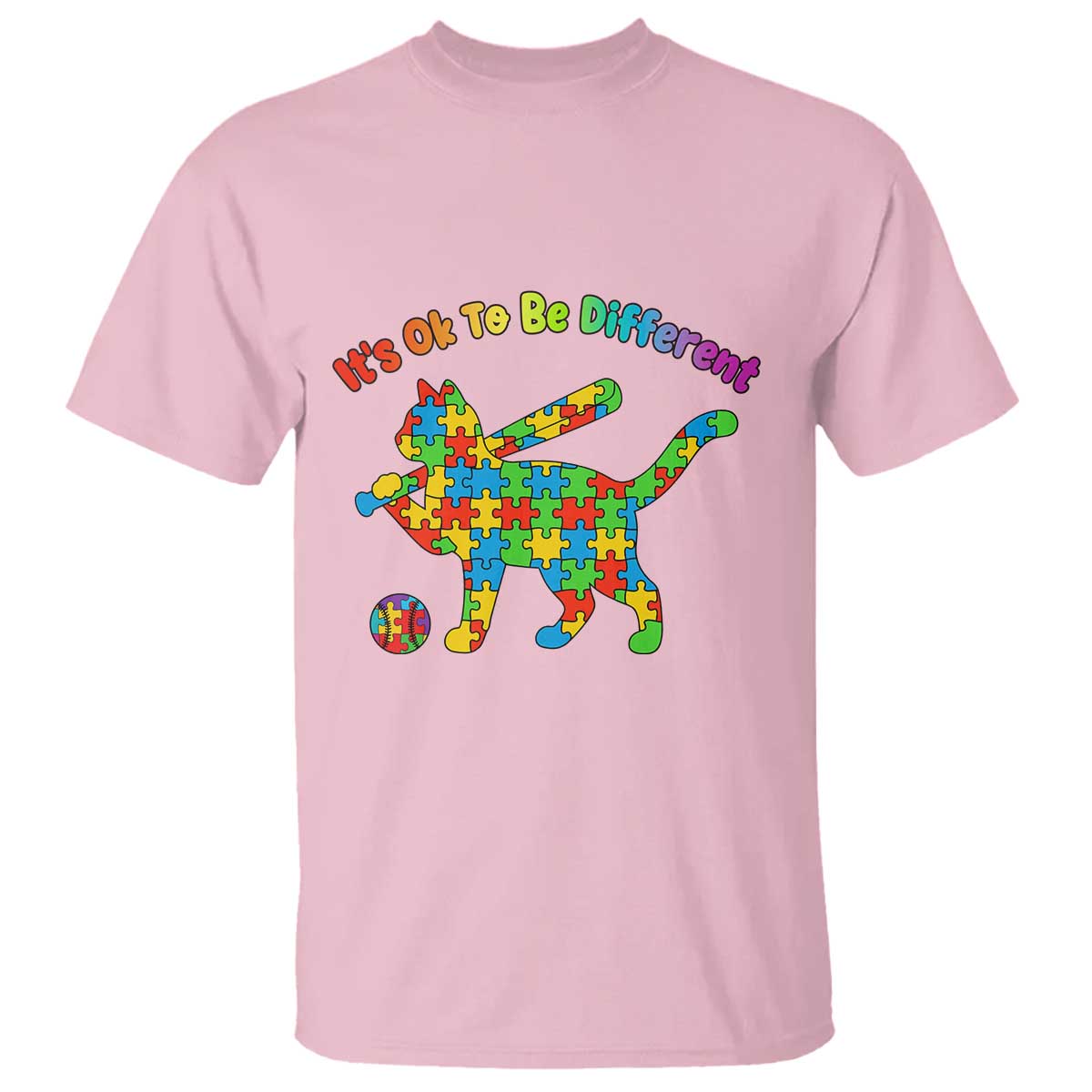 Autism Acceptance Baseball Cat T Shirt It Is Ok To Be Different TS12 Light Pink Print Your Wear