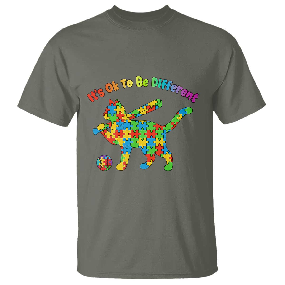 Autism Acceptance Baseball Cat T Shirt It Is Ok To Be Different TS12 Military Green Print Your Wear