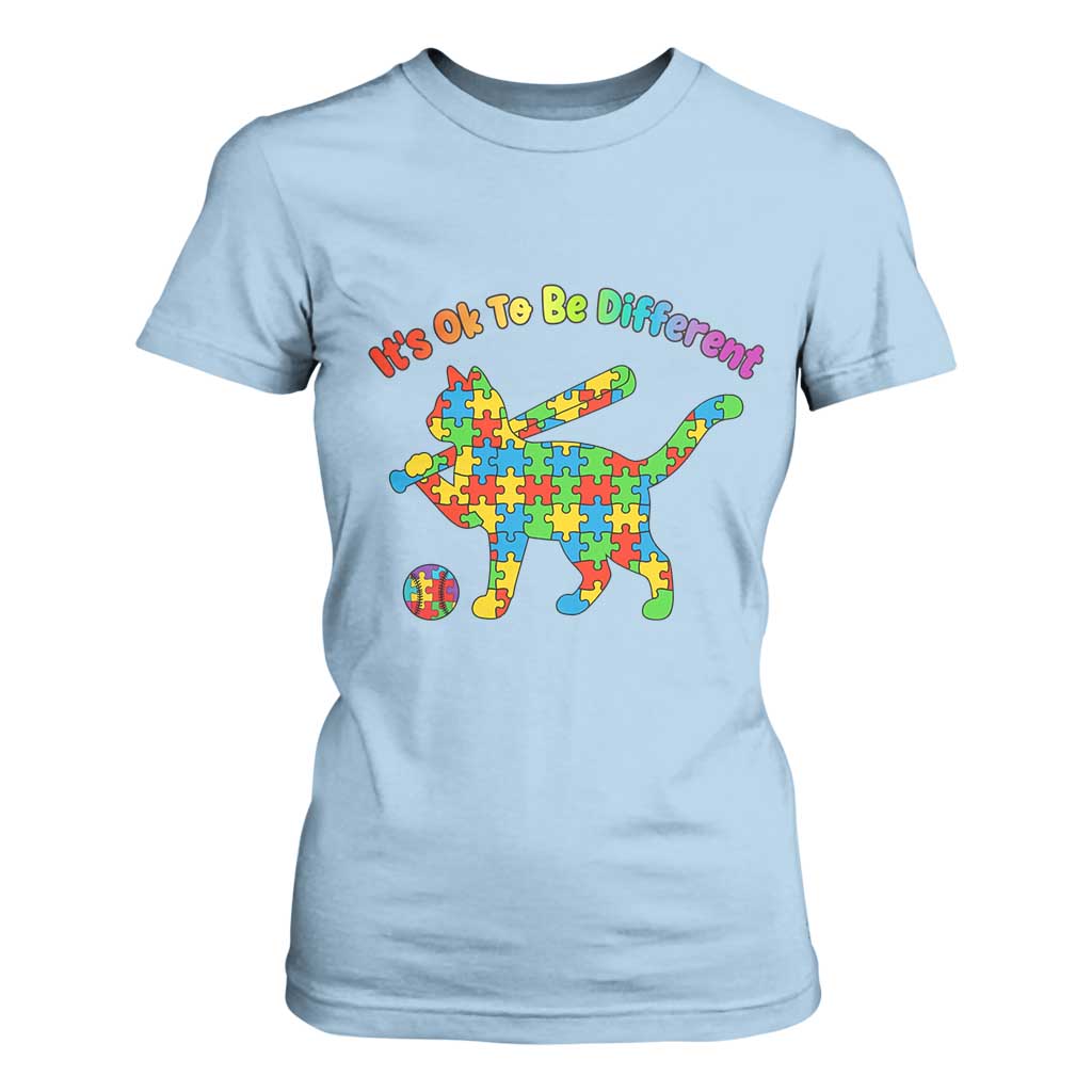 Autism Acceptance Baseball Cat T Shirt For Women It Is Ok To Be Different TS12 Light Blue Print Your Wear