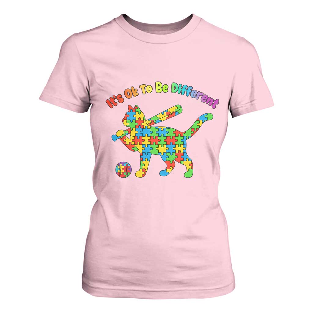 Autism Acceptance Baseball Cat T Shirt For Women It Is Ok To Be Different TS12 Light Pink Print Your Wear