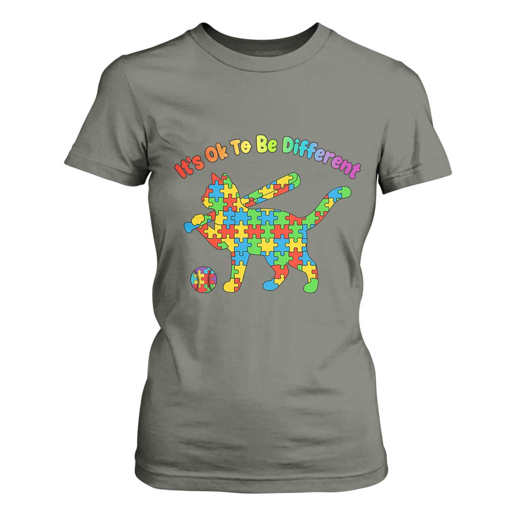 Autism Acceptance Baseball Cat T Shirt For Women It Is Ok To Be Different TS12 Military Green Print Your Wear