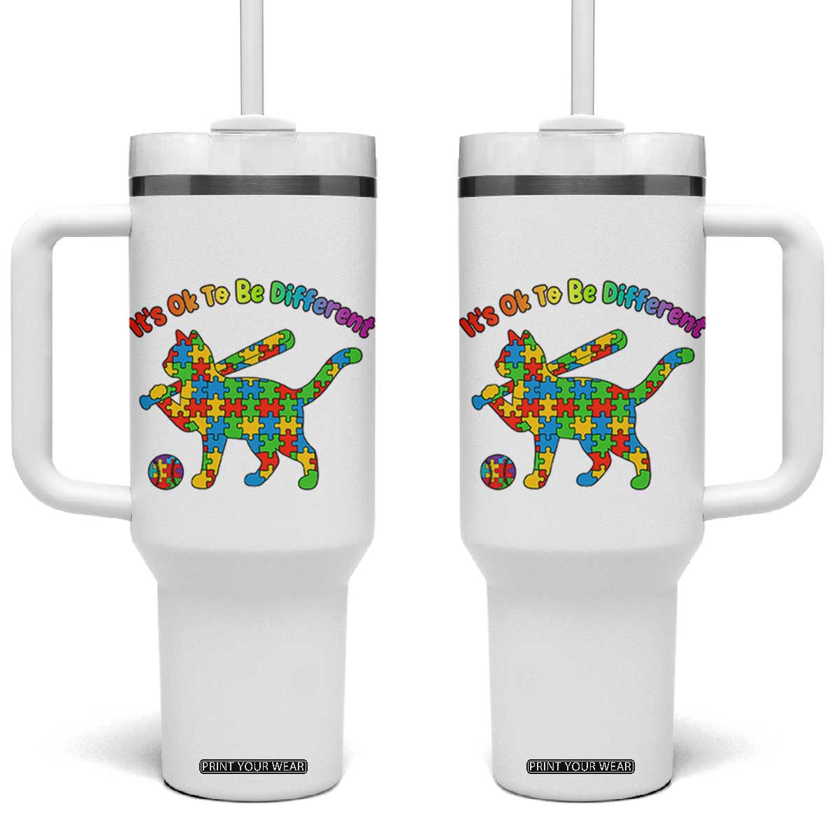 Autism Acceptance Baseball Cat Tumbler With Handle It Is Ok To Be Different TS12 One Size: 40 oz White Print Your Wear