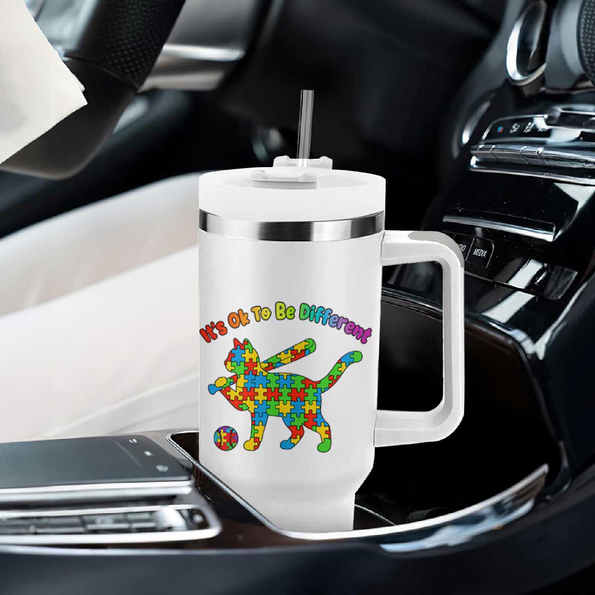 Autism Acceptance Baseball Cat Tumbler With Handle It Is Ok To Be Different TS12 Print Your Wear