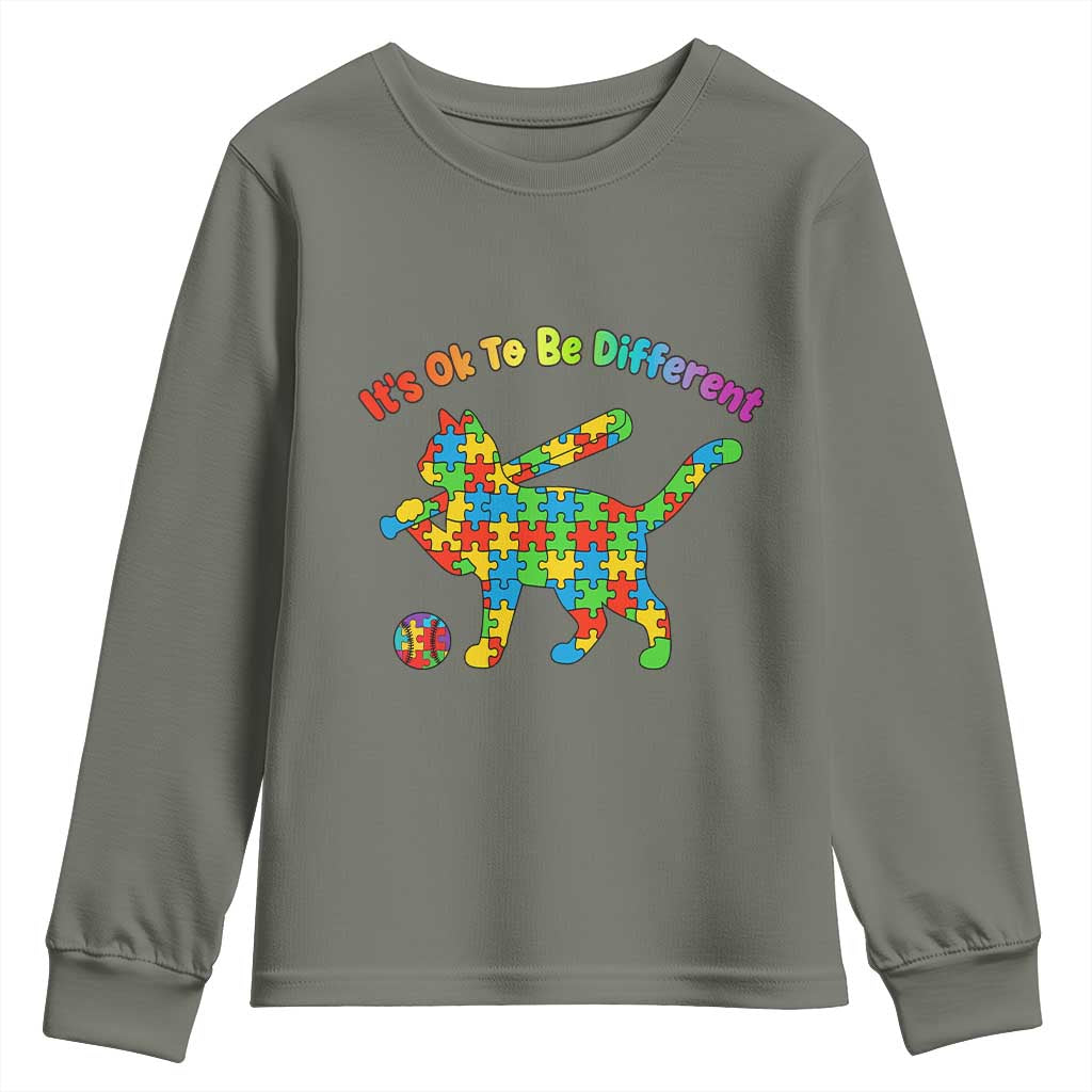 Autism Acceptance Baseball Cat Youth Sweatshirt It Is Ok To Be Different TS12 Military Green Print Your Wear