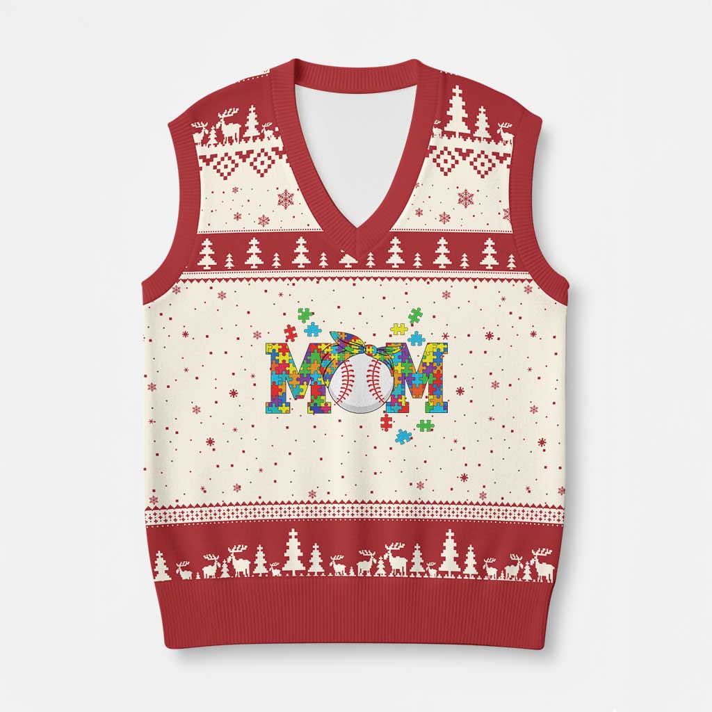 Autism Acceptance Baseball Mom V-Neck Knit Sweater Vest Proud Mom Inclusive Support Graphic TS12 Beige Red Print Your Wear