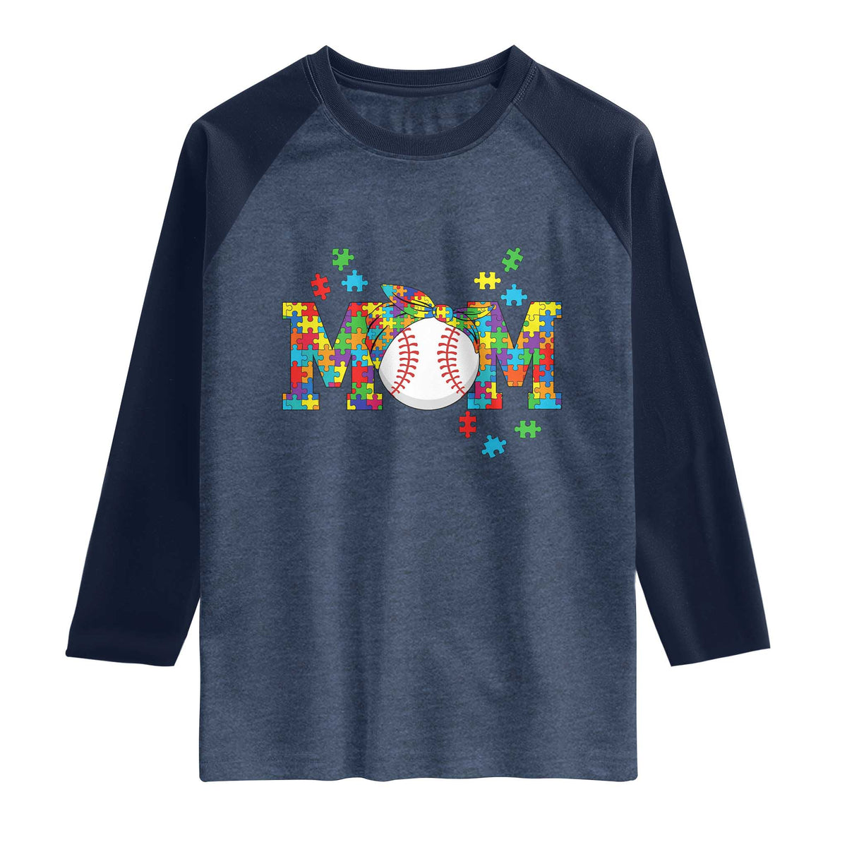 Autism Acceptance Baseball Mom Raglan Shirt Proud Mom Inclusive Support Graphic TS12 Heather Denim Navy Print Your Wear