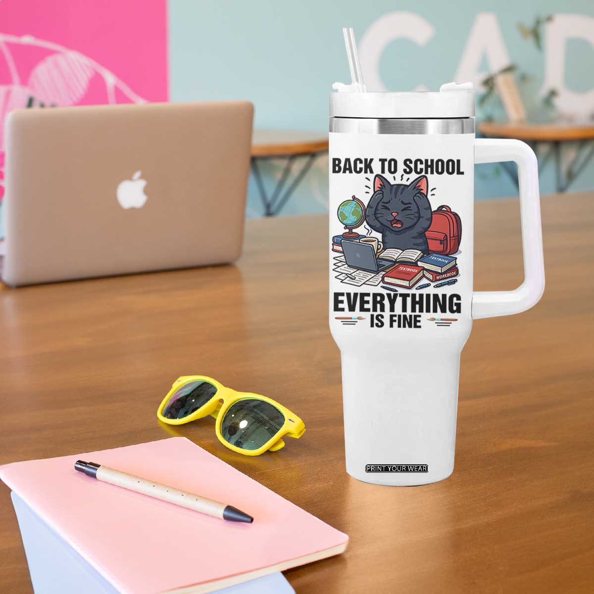Funny Black Cat Tumbler With Handle Back To School Everything Is Fine TS12 Print Your Wear