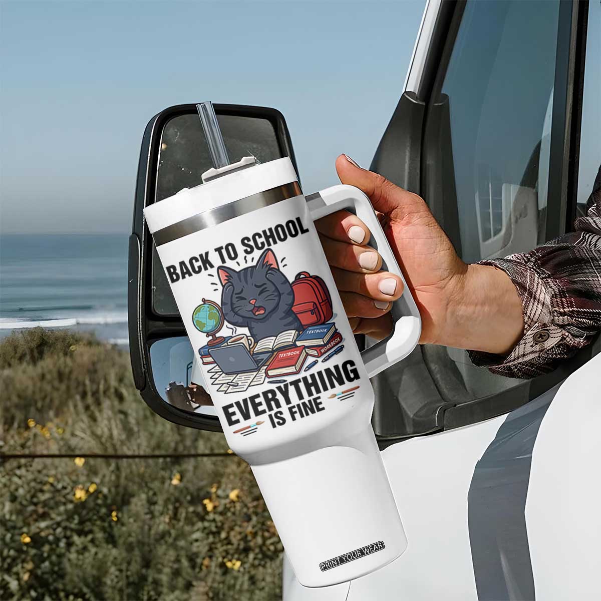 Funny Black Cat Tumbler With Handle Back To School Everything Is Fine TS12 Print Your Wear