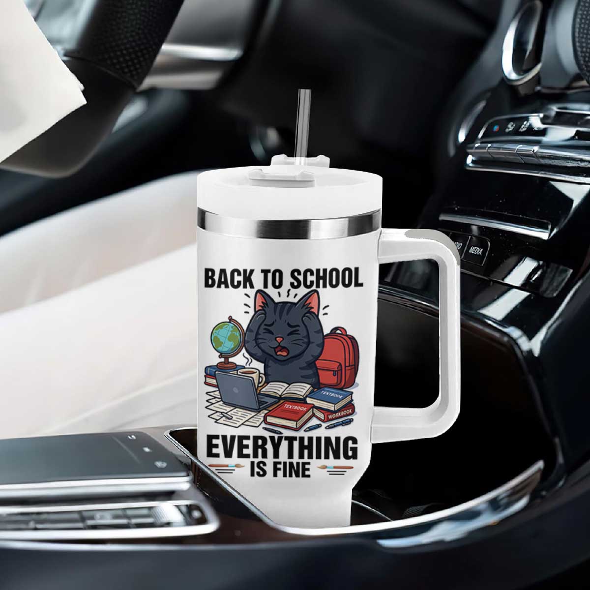 Funny Black Cat Tumbler With Handle Back To School Everything Is Fine TS12 Print Your Wear