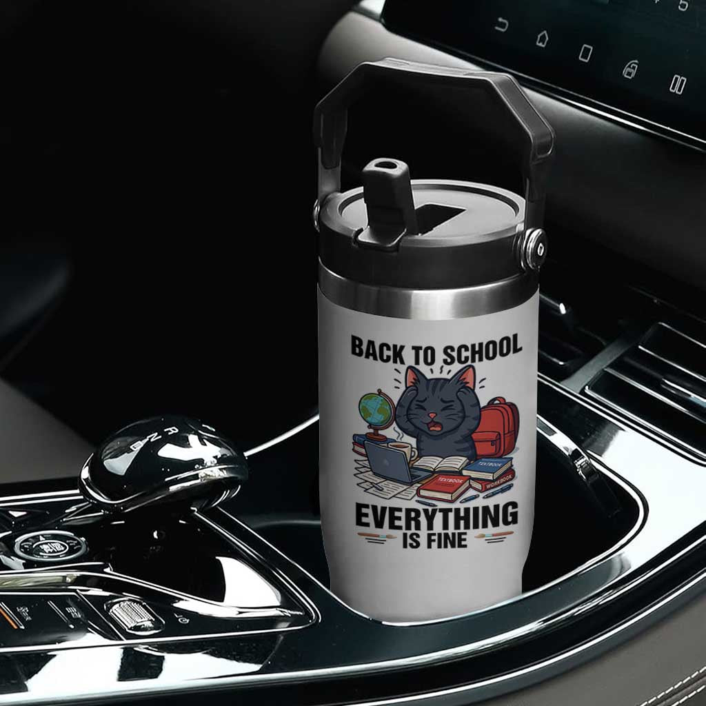 Funny Black Cat Flip Straw Tumbler Back To School Everything Is Fine TS12 Print Your Wear