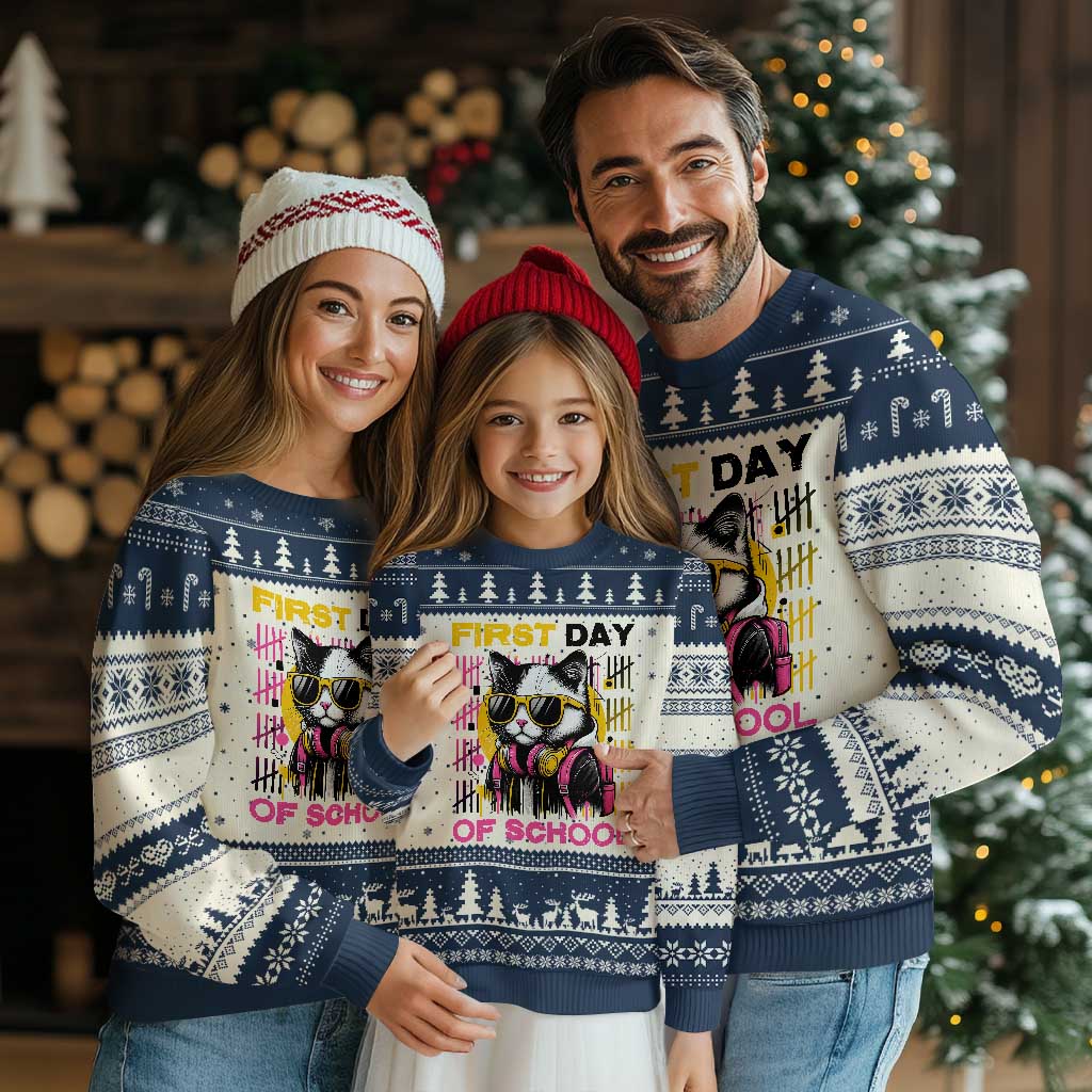 Funny Cat First Day Of School Ugly Christmas Sweater Back To School Gift For Kids TS12 Beige Navy Print Your Wear