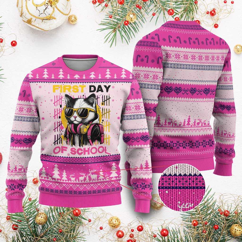 Funny Cat First Day Of School Ugly Christmas Sweater Back To School Gift For Kids TS12 Hot Pink Print Your Wear