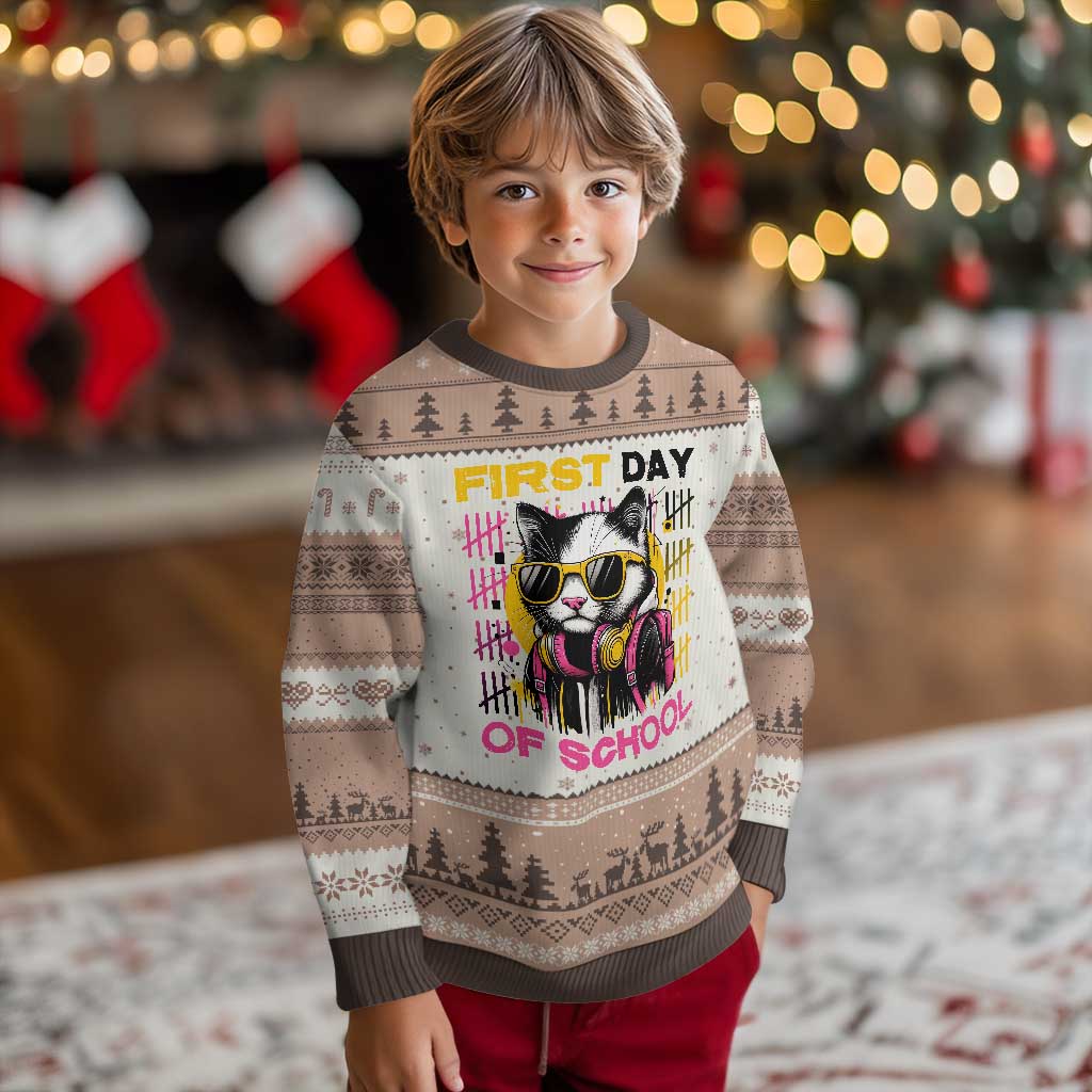 Funny Cat First Day Of School Ugly Christmas Sweater Back To School Gift For Kids TS12 Mocha Mousse Print Your Wear
