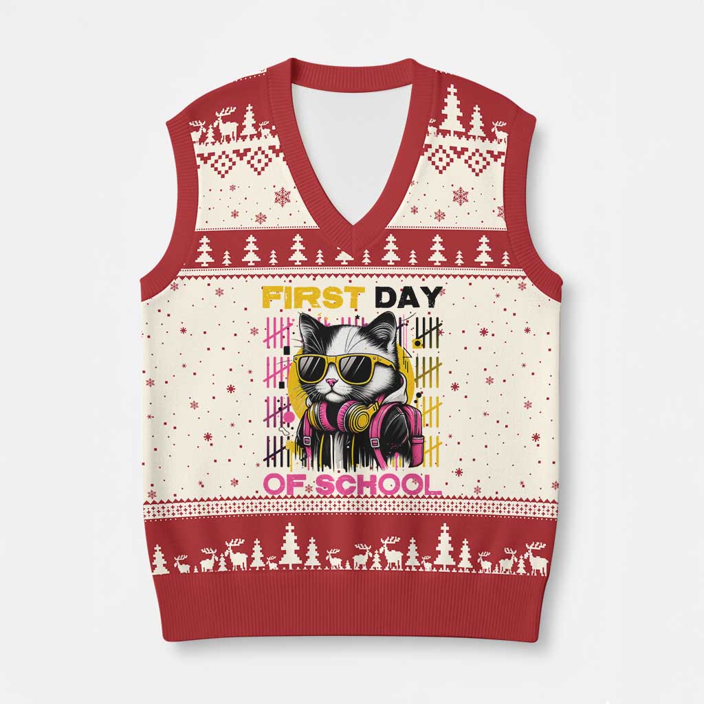 Funny Cat First Day Of School V-Neck Knit Sweater Vest Back To School Gift For Kids TS12 Beige Red Print Your Wear