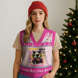 Funny Cat First Day Of School V-Neck Knit Sweater Vest Back To School Gift For Kids TS12 Hot Pink Print Your Wear