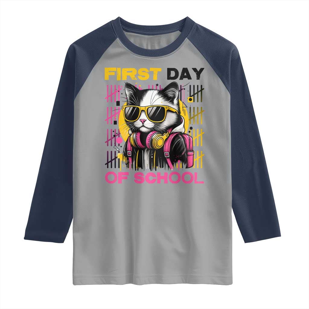 Funny Cat First Day Of School Raglan Shirt Back To School Gift For Kids TS12 Sport Gray Navy Print Your Wear