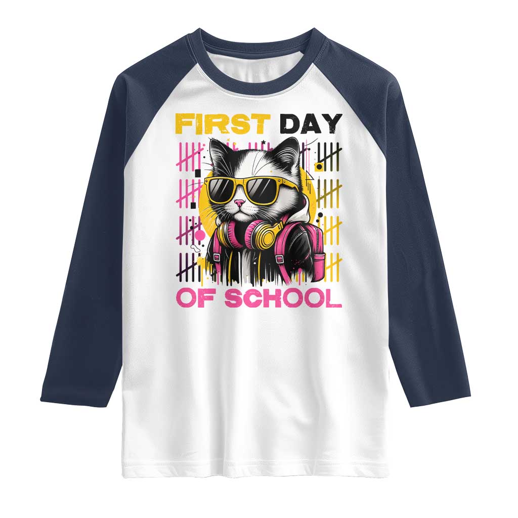 Funny Cat First Day Of School Raglan Shirt Back To School Gift For Kids TS12 White Navy Print Your Wear