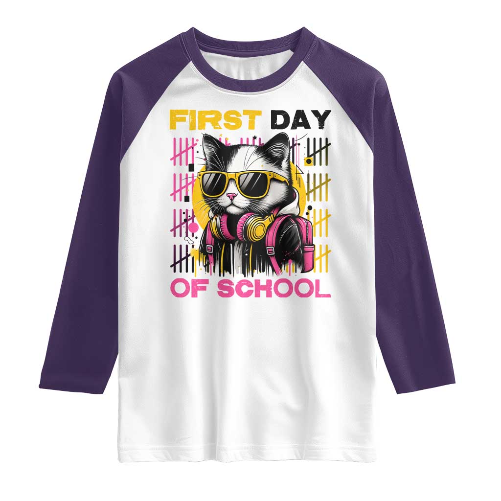 Funny Cat First Day Of School Raglan Shirt Back To School Gift For Kids TS12 White Purple Print Your Wear