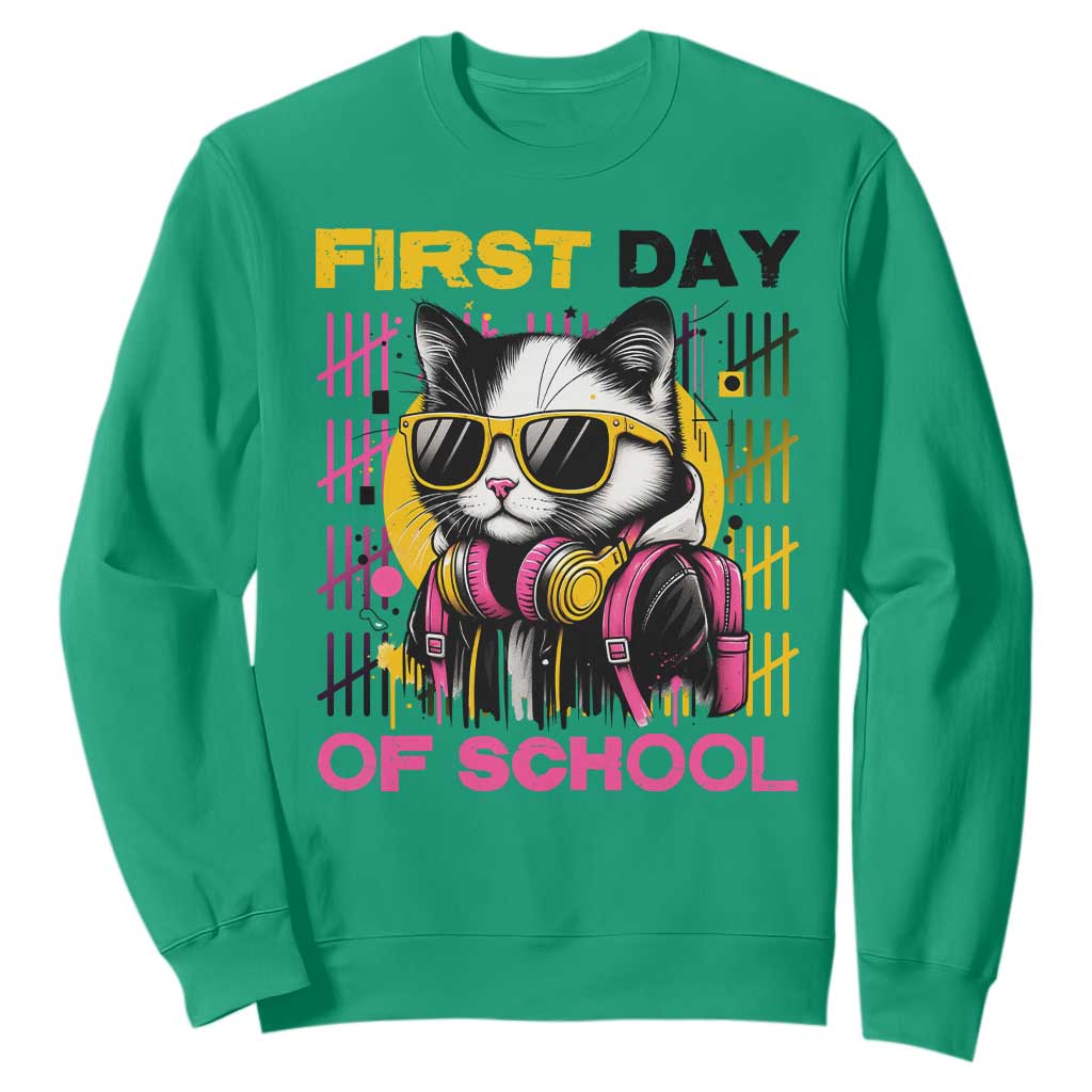 Funny Cat First Day Of School Sweatshirt Back To School Gift For Kids TS12 Irish Green Print Your Wear