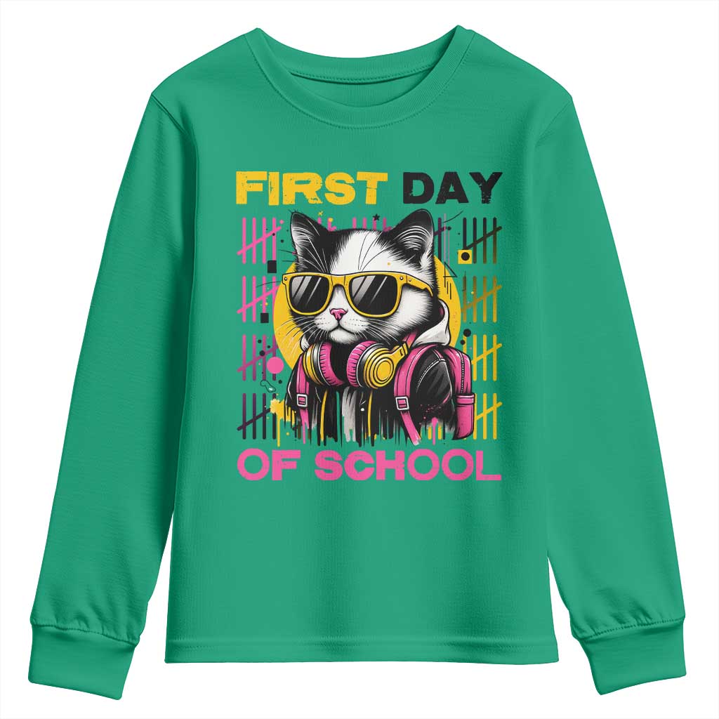 Funny Cat First Day Of School Youth Sweatshirt Back To School Gift For Kids TS12 Irish Green Print Your Wear