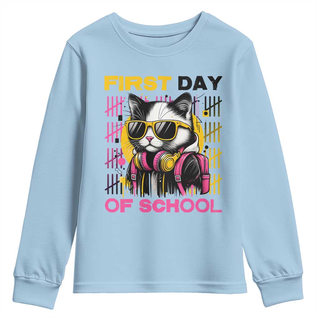 Funny Cat First Day Of School Youth Sweatshirt Back To School Gift For Kids TS12 Light Blue Print Your Wear