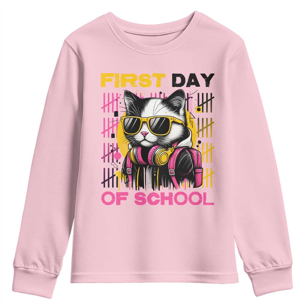 Funny Cat First Day Of School Youth Sweatshirt Back To School Gift For Kids TS12 Light Pink Print Your Wear
