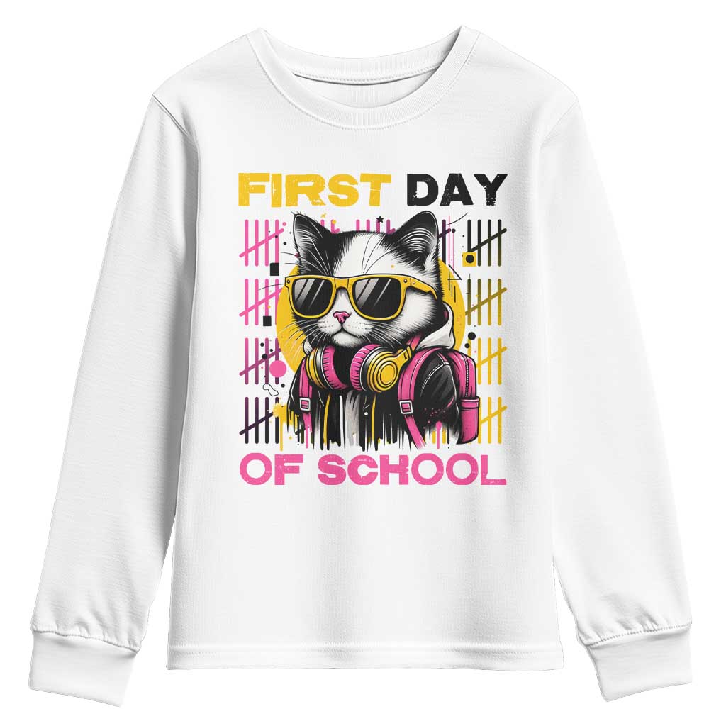 Funny Cat First Day Of School Youth Sweatshirt Back To School Gift For Kids TS12 White Print Your Wear