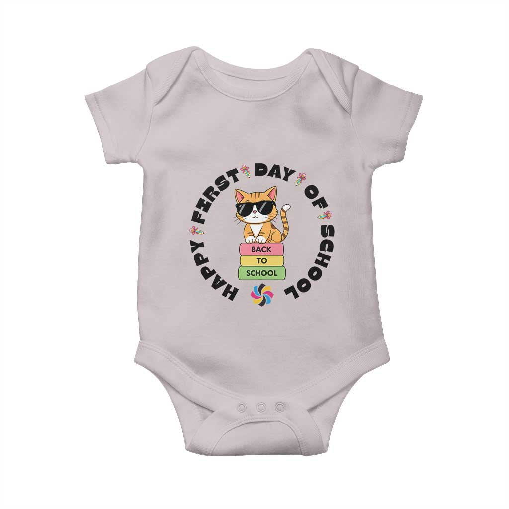Cat Happy First Day Of School Baby Onesie Back To School Gift For Kids TS12 Ice Gray Print Your Wear