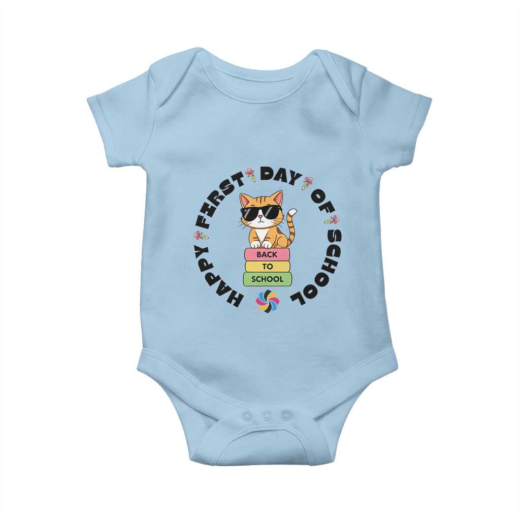 Cat Happy First Day Of School Baby Onesie Back To School Gift For Kids TS12 Light Blue Print Your Wear