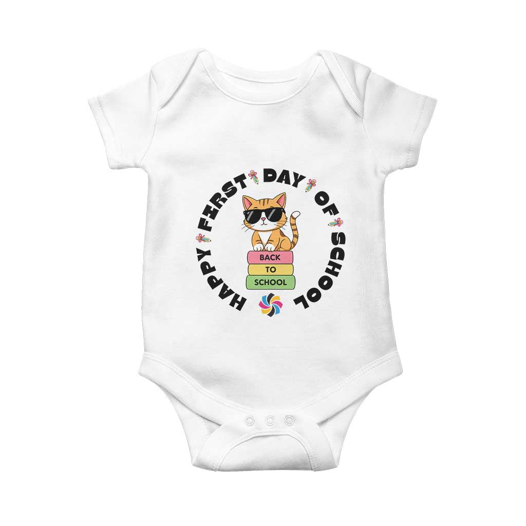 Cat Happy First Day Of School Baby Onesie Back To School Gift For Kids TS12 White Print Your Wear