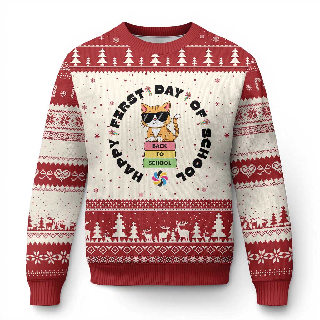 Cat Happy First Day Of School Ugly Christmas Sweater Back To School Gift For Kids TS12 Beige Red Print Your Wear
